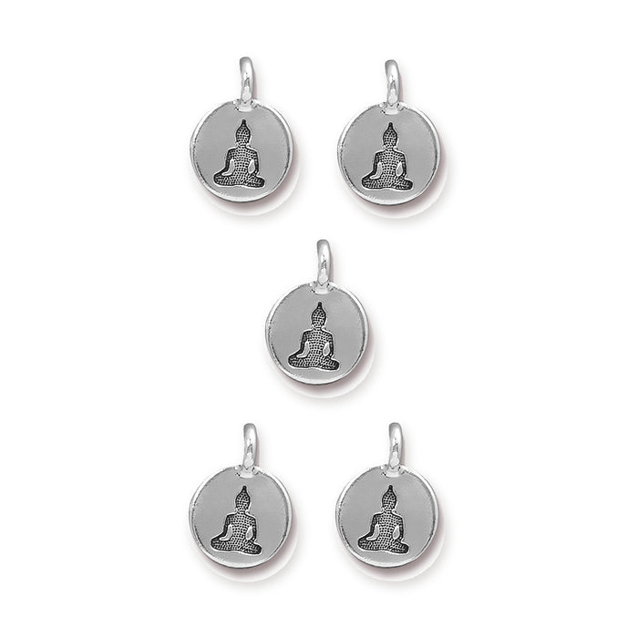 Five antiqued silver Buddha charms with loops, each showing a seated Buddha on a round pewter disc