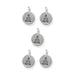 Five antiqued silver Buddha charms with loops, each showing a seated Buddha on a round pewter disc
