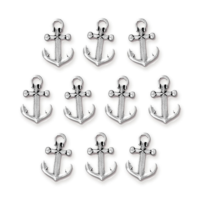 Antiqued silver pewter anchor charms, ten charms arranged in rows on a white background