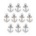 Antiqued silver pewter anchor charms, ten charms arranged in rows on a white background