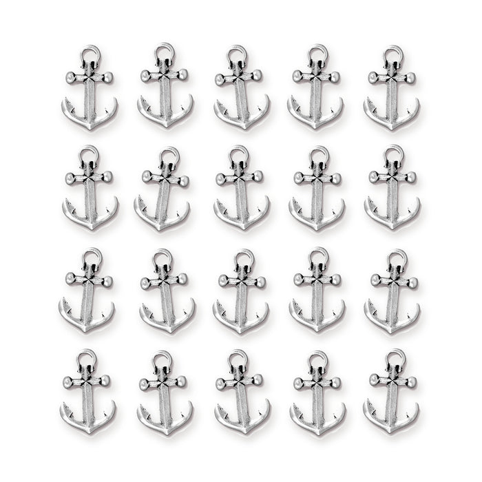Antiqued silver pewter anchor charms arranged in four rows of five on a white background