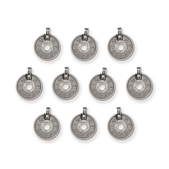 Antiqued silver Asian coin charms arranged in rows, ten pewter charms with center holes and top loops