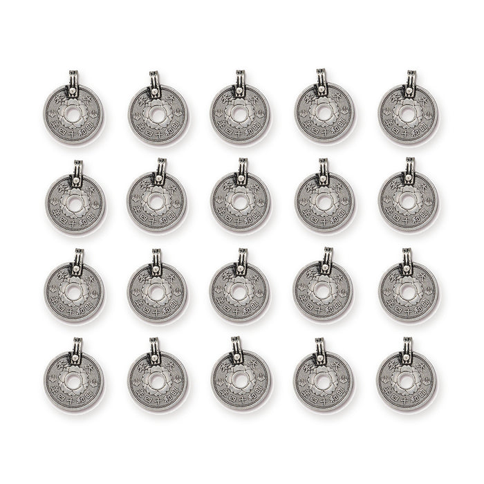 Antiqued silver Asian coin charms arranged in four rows of five, showing the pewter coin design with loops