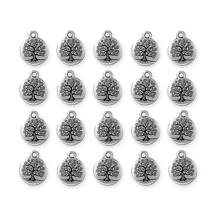 Antiqued silver tree of life charms, 20 pewter round charms arranged in four rows of five