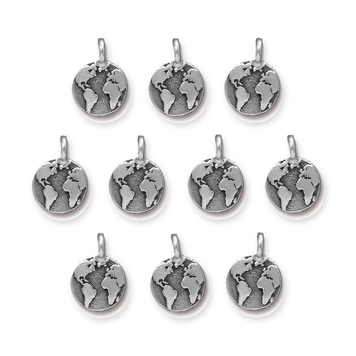 Antiqued silver Earth charms, ten round pewter globe charms with loops arranged in rows