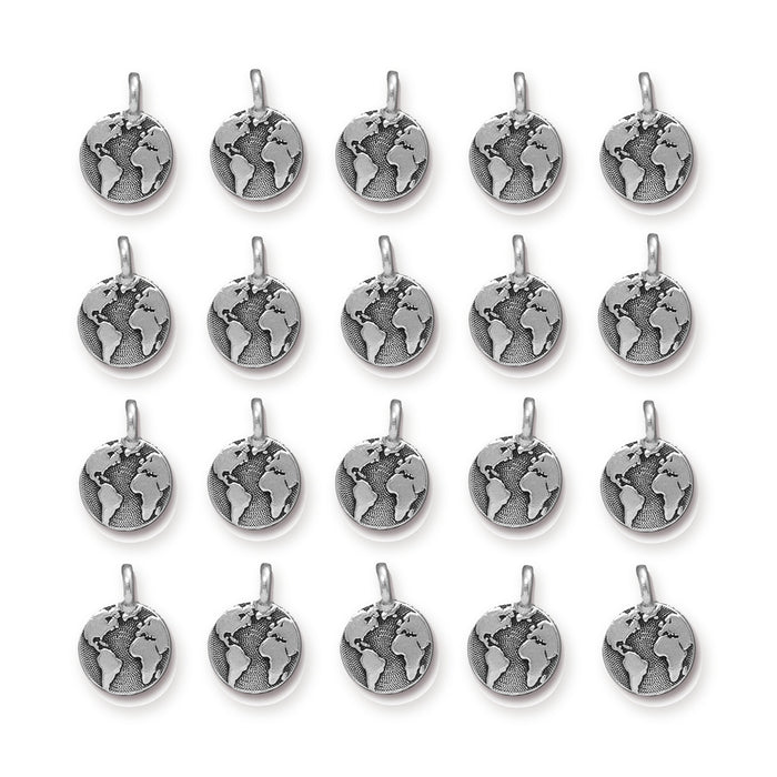 Antiqued silver Earth charms, 20 pewter globe pendants arranged in four rows of five