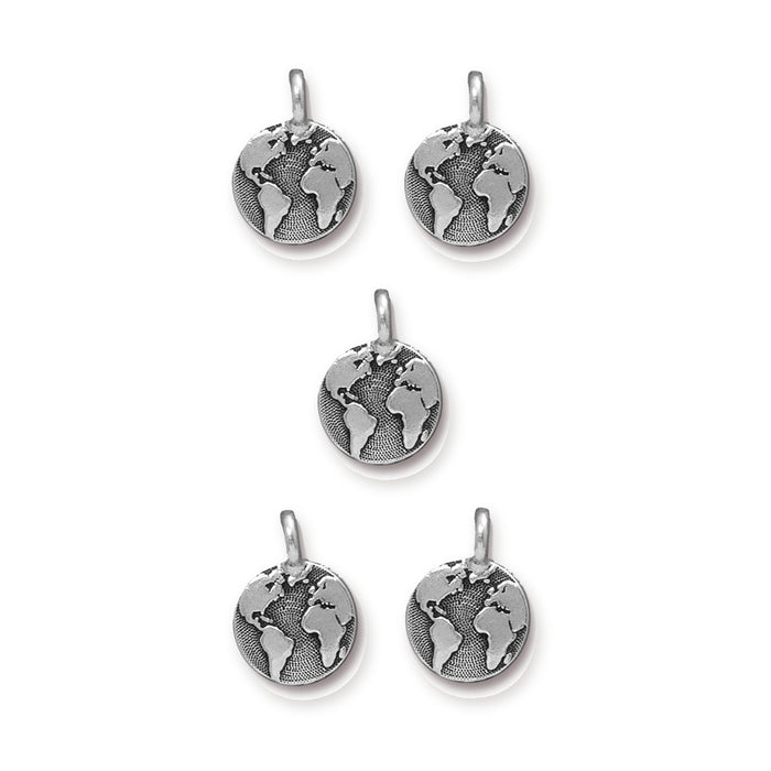 Antiqued silver Earth charms, five round pewter globe pendants with loops arranged in a group