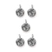 Antiqued silver Earth charms, five round pewter globe pendants with loops arranged in a group