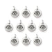 Antiqued silver evil eye charms, ten round pewter charms with jump rings laid out in rows