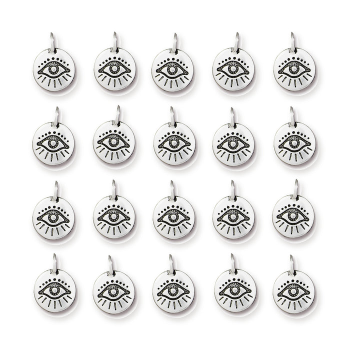 Antiqued silver evil eye charms, 20 round pewter charms with jump rings arranged in four rows of five
