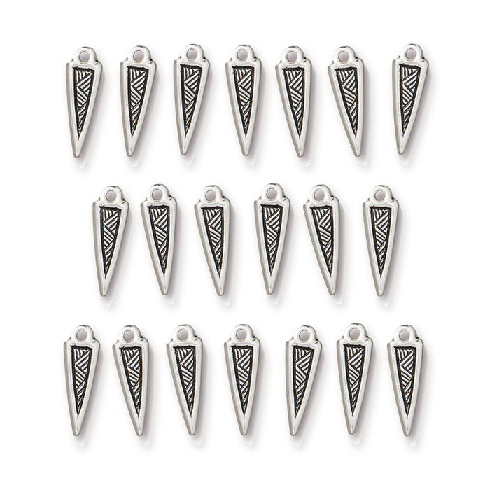Antiqued silver woven spike charms arranged in three rows on white, showing the engraved pattern on each