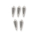 Antiqued silver woven spike charms, five pewter charms arranged in two rows on white