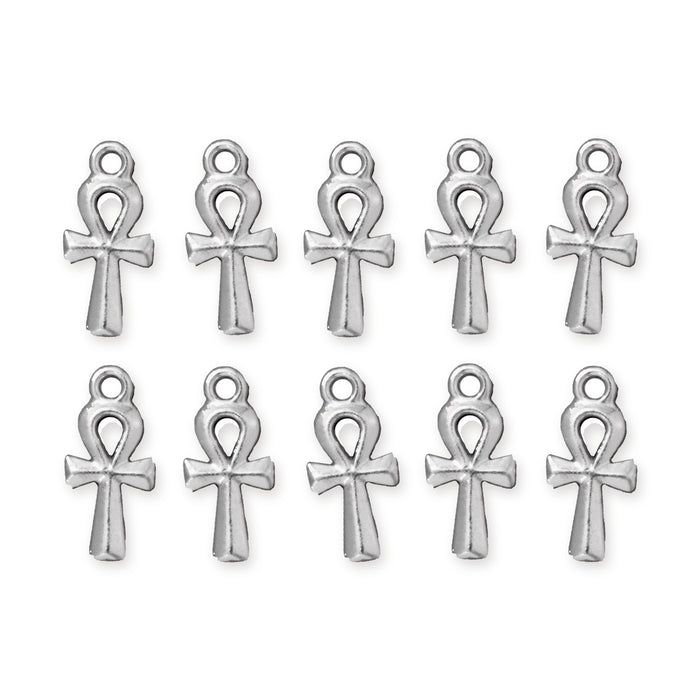 White bronze ankh charms arranged in two rows of five, showing the loop top and flat cross arms