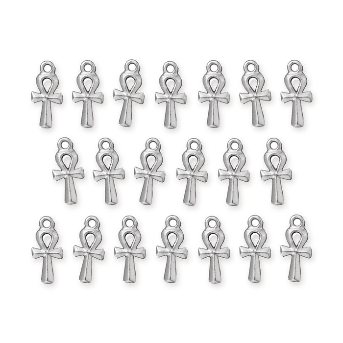 White bronze ankh charms arranged in three rows, showing 20 pewter charms with loops at the top