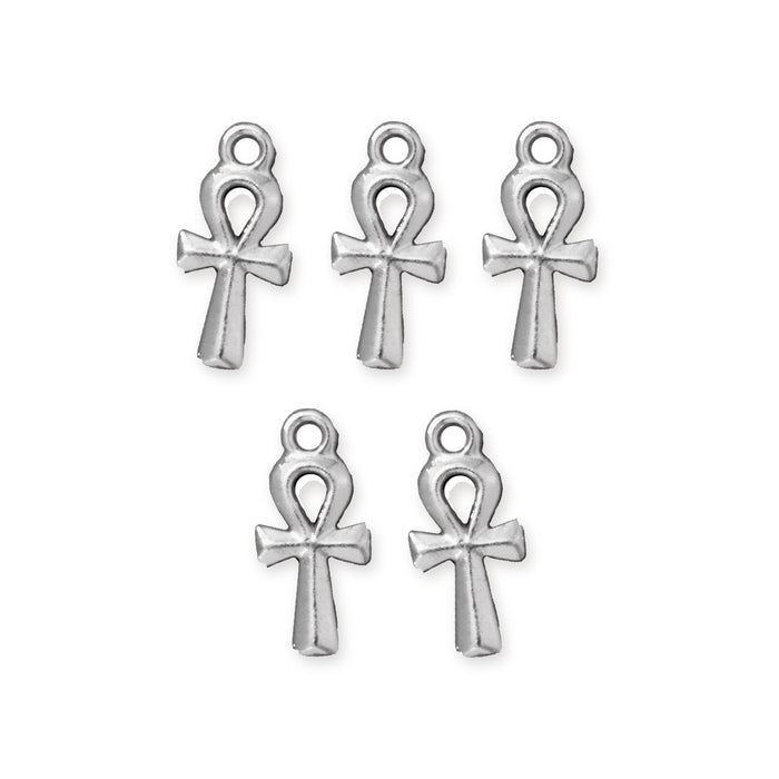 White bronze ankh charms, five pewter pieces arranged in two rows on a white background