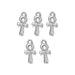 White bronze ankh charms, five pewter pieces arranged in two rows on a white background