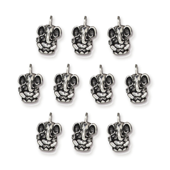 Antiqued silver Ganesh charms, ten pewter charms arranged in rows on a white background