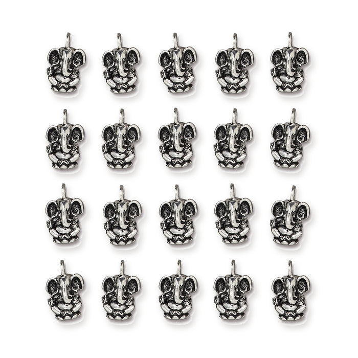 Antiqued silver Ganesh charms, 20 pewter charms arranged in four rows of five