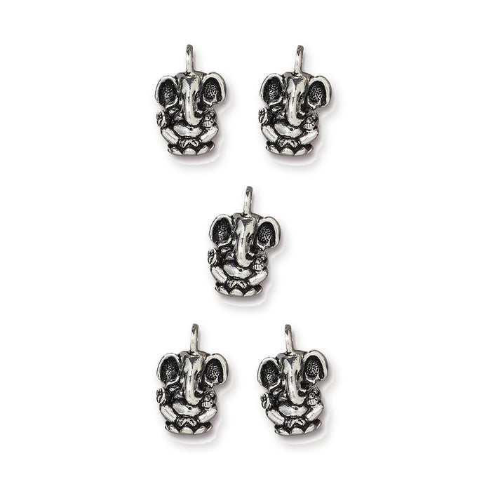 Antiqued silver Ganesh charms, five pewter charms arranged in rows on a white background