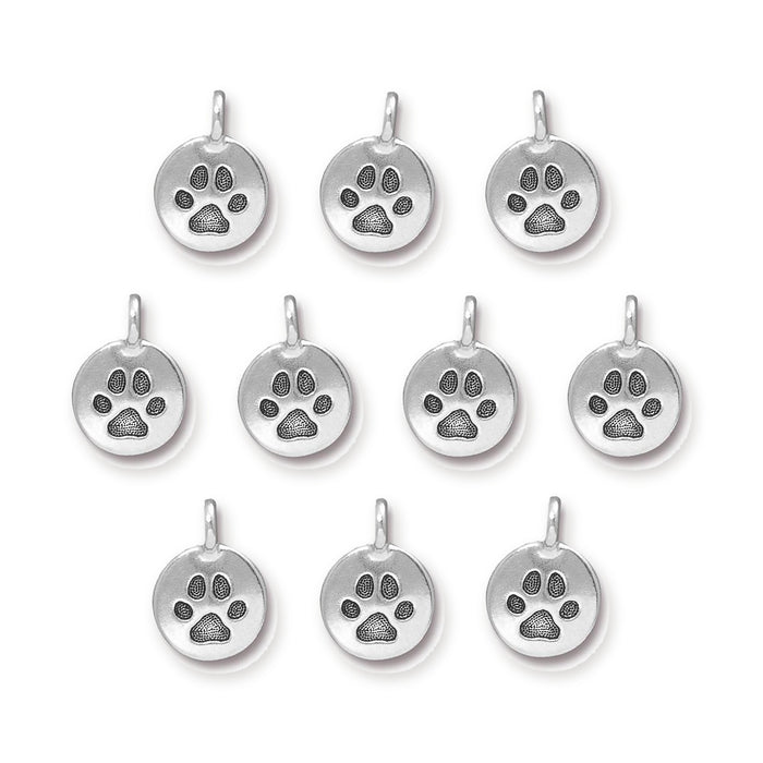 Antiqued silver puppy paw charms, ten round pewter charms with paw prints arranged in rows