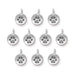 Antiqued silver puppy paw charms, ten round pewter charms with paw prints arranged in rows