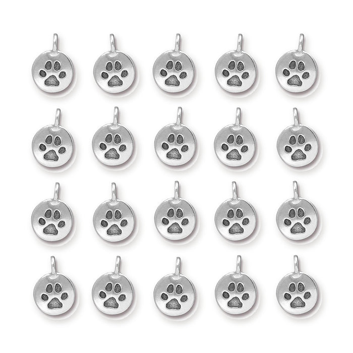 Antiqued silver puppy paw charms, 20 round pewter charms arranged in a grid of four rows