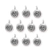 Antiqued silver skull charms, ten round pewter charms with loops arranged in rows