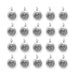 Antiqued silver skull charms arranged in a grid of four rows with five round pewter charms each