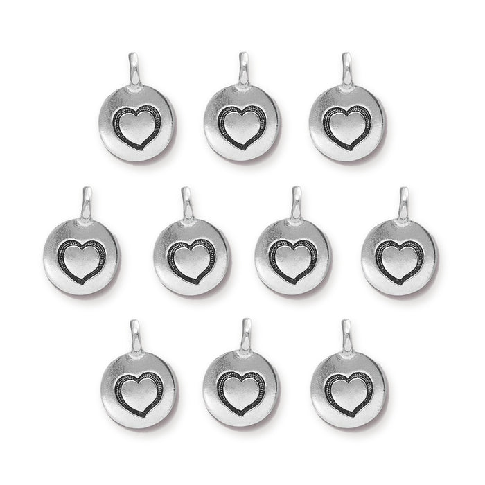 Antiqued silver heart charms, ten round pewter pieces with loops arranged in rows