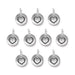 Antiqued silver heart charms, ten round pewter pieces with loops arranged in rows
