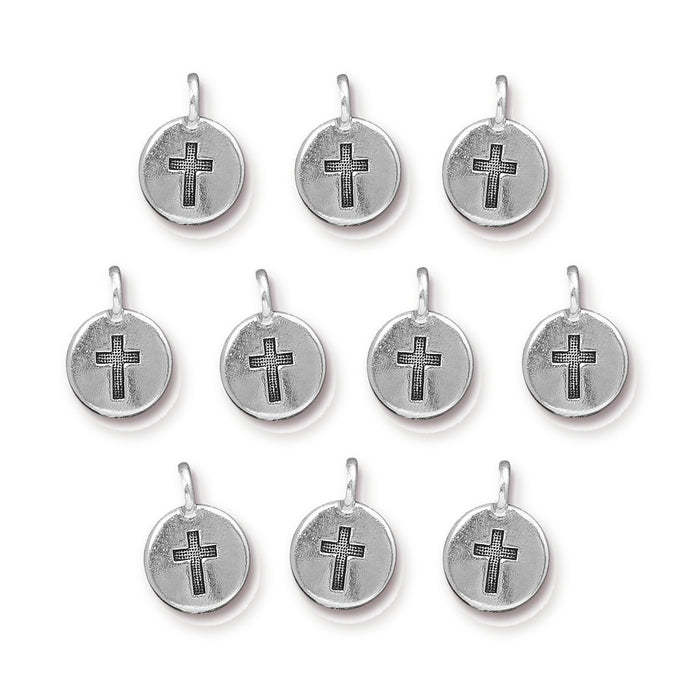 Antiqued silver cross charms, ten round pewter charms with loops arranged in rows