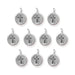 Antiqued silver cross charms, ten round pewter charms with loops arranged in rows