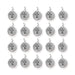 Antiqued silver cross charms, round pewter with loops, laid out in a grid of four rows of five
