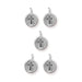Five antiqued silver pewter cross charms with round discs and loops arranged in a group on white