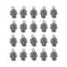 Antiqued silver hamsa hand charms arranged in four rows of five on a white background