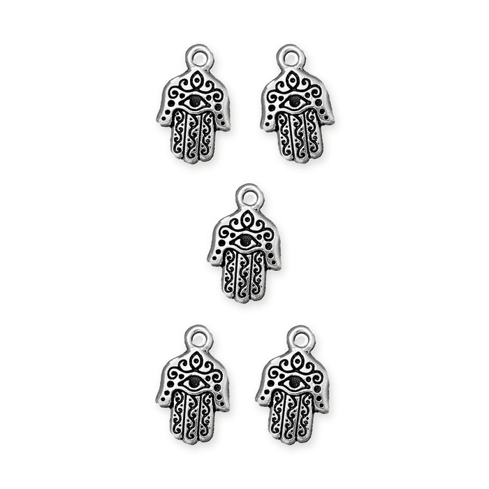 Antiqued silver hamsa hand charms, five pewter charms arranged in a group on white