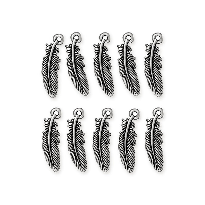 Antiqued silver feather charms, ten pewter charms arranged in two rows of five