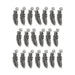 Antiqued silver feather charms laid out in three rows on a white background