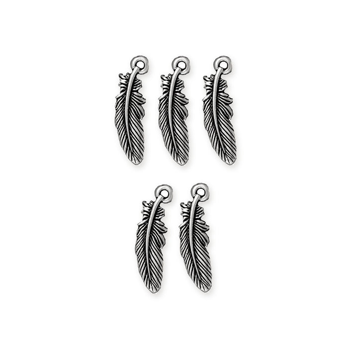 Five antiqued silver pewter feather charms arranged in two rows on a white background