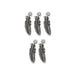 Five antiqued silver pewter feather charms arranged in two rows on a white background