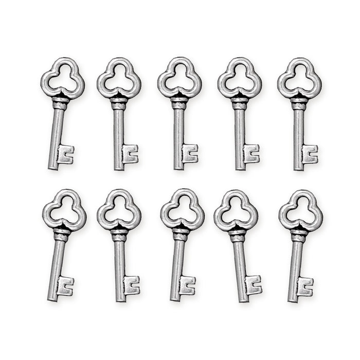 Antiqued silver key charms with trefoil bows, ten pewter charms arranged in two rows