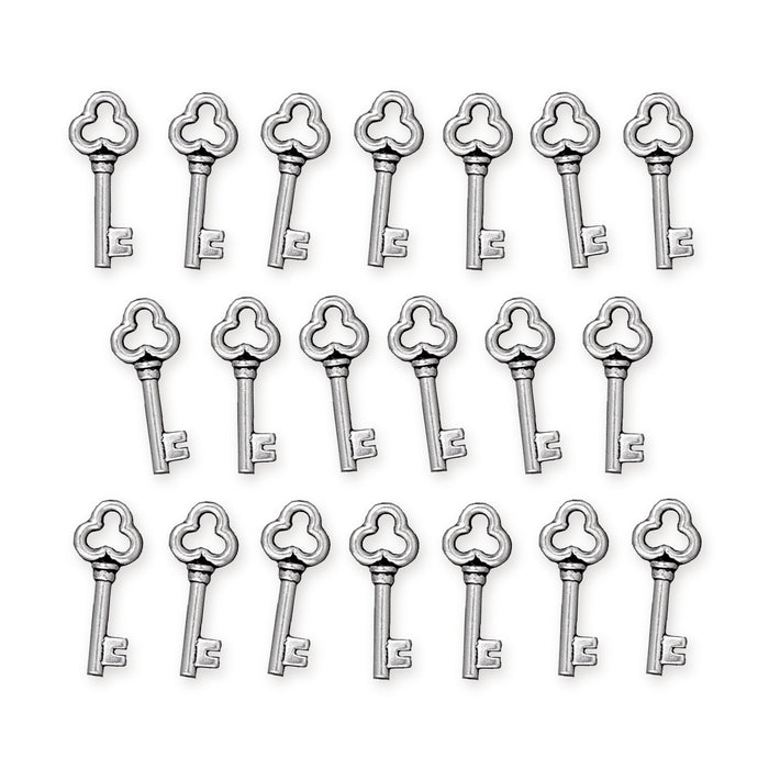 Antiqued silver key charms with trefoil tops arranged in three rows of seven, six and seven