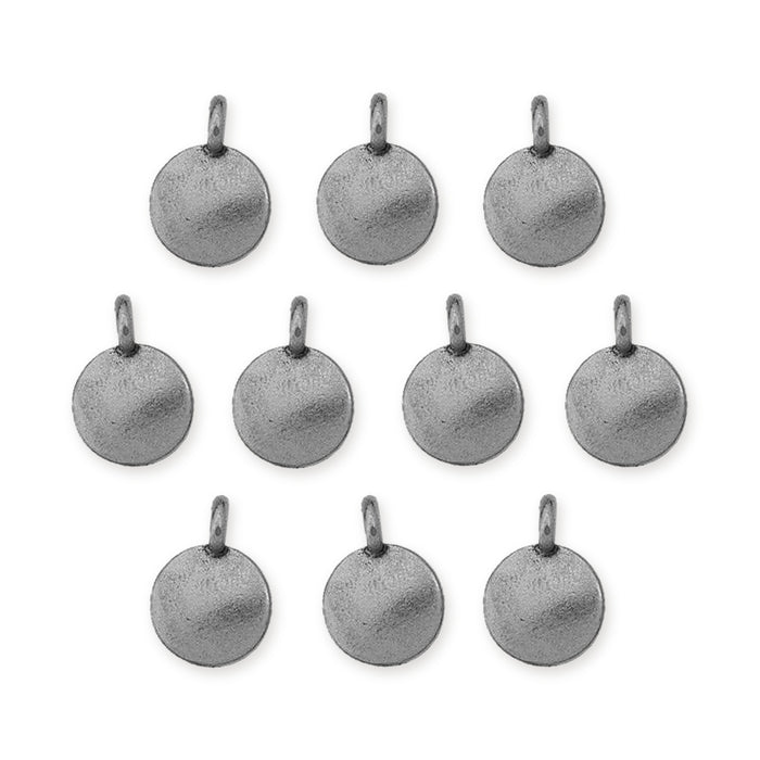Antiqued pewter blank round charms with loops, ten charms arranged in rows on white