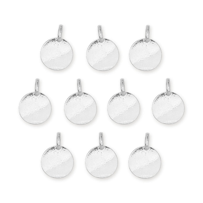 Shiny silver blank round pewter charms with loops, ten charms arranged in rows