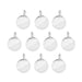 Shiny silver blank round pewter charms with loops, ten charms arranged in rows
