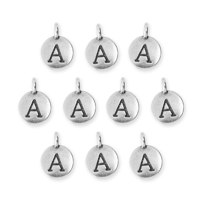 Antiqued silver letter A charms, ten round pewter charms with loops arranged in rows