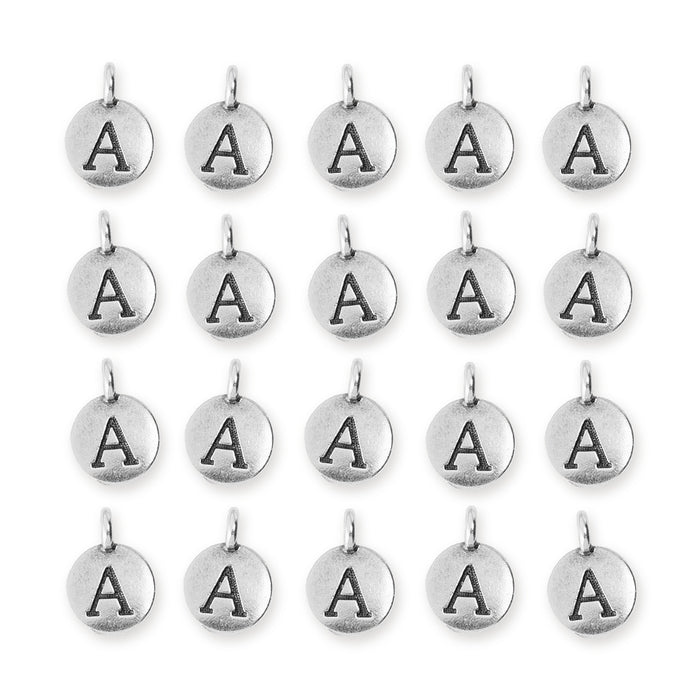 Antiqued silver letter A charms arranged in a grid of four rows and five columns, each with a top loop
