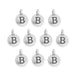 Antiqued silver letter B charms, ten round pewter charms with loops laid out in rows on white