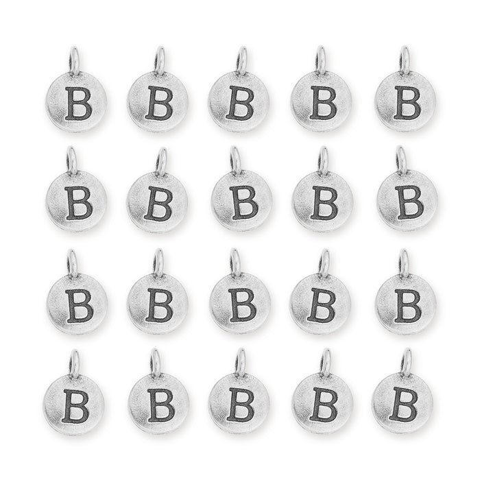 Antiqued silver letter B charms arranged in a grid of four rows of five, each round with a small loop