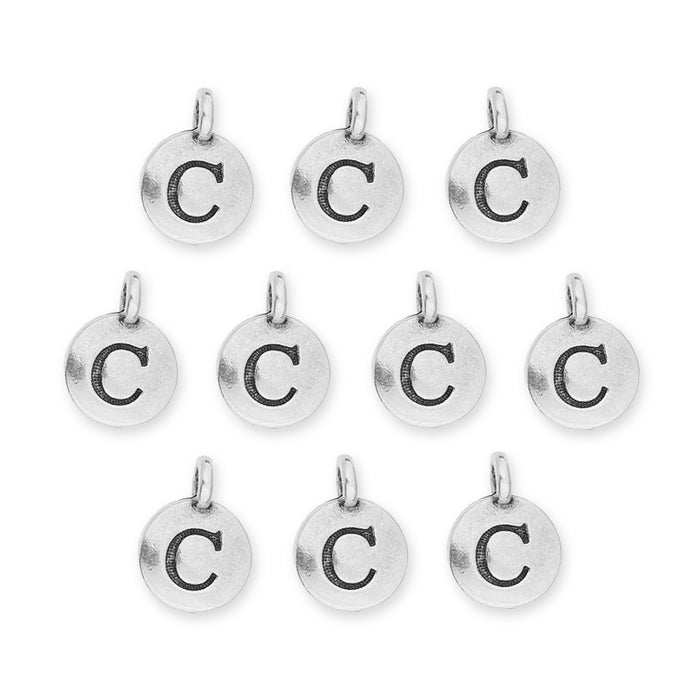 Antiqued silver letter C charms, ten round pewter charms with loops arranged in rows